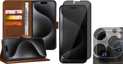 Hoesje geschikt voor iPhone 15 Pro - Privacy Screenprotector FullGuard & Camera Lens Screen Protector - Book Case Kunstleer Pasjeshouder Bruin