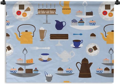 Wandkleed - Wanddoek - Patronen - Cupcake - Theepot - Thee - 60x45 cm - Wandtapijt
