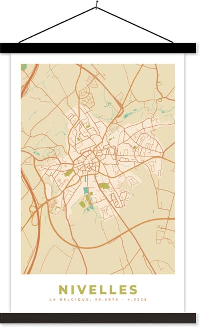 Posterhanger incl. Poster 40x60 cm - Schoolplaat - Vintage - Nivelles - Kaart - Plattegrond - Stadskaart - Textielposter - Zwarte latten - Stadskaart