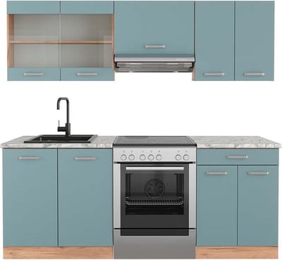 Vicco R-Line Complete keukeneenheid – 200 cm, WB Marmer Blauw-grijs/gouden eik