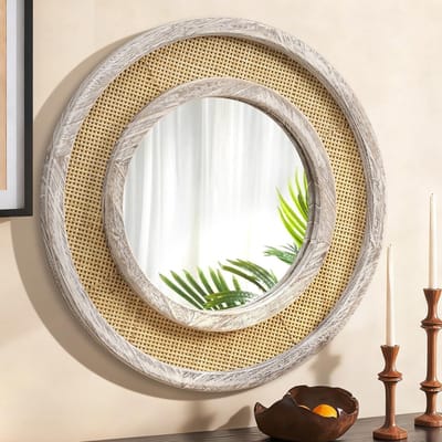 Ronde spiegel met houten frame voor wandmontage, 60 cm vintage stijl voor woonkamer, badkamer en entree