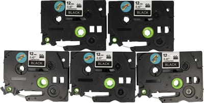 Dappaz - 5 stuks Brother Tze-335 Compatible Label Tape - Wit op Zwart - 12mm x 8m - Geschikt voor Brother P-touch - TZ335