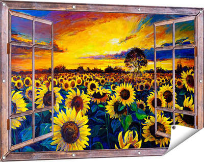 Gards Tuinposter Doorkijk Getekende Zonnebloemen Veld met Olieverf - 120x80 cm - Tuindoek - Tuindecoratie - Wanddecoratie buiten - Tuinschilderij
