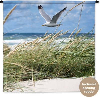 Wandkleed - Wanddoek - Strand - Planten - Vogel - 120x120 cm - Wandtapijt