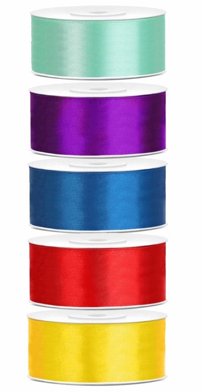 5x rollen satijnlint - geel-mint-rood-paars-blauw - 2.5 cm x 25 meter - Hobby cadeaulint - inpakken - decoratie
