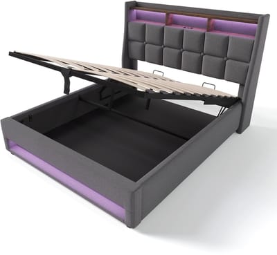 REDOM Polsterbed 160x200 cm – Gestoffeerd Bed Met LED Verlichting, USB Poorten & Gaslift Opbergruimte – Modern Slaapkamer Bed Met Linnen Bekleding – Grijs