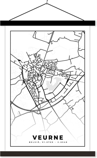 Posterhanger incl. Poster 40x60 cm - Schoolplaat - België – Veurne – Stadskaart – Kaart – Zwart Wit – Plattegrond - Textielposter - Zwarte latten - Stadskaart