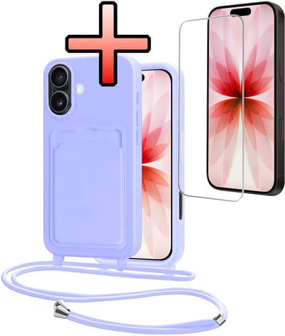 Hoes Geschikt voor iPhone 17 Hoesje Pasjeshouder Cover Met Koord Case Siliconen Hoes Met Telefoonkoord en Kaarthouder Met Screenprotector - Lila