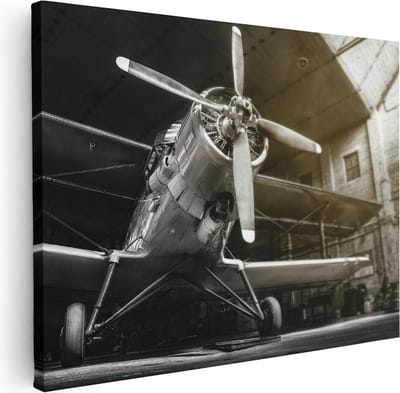 Artaza Canvas Schilderij Propellervliegtuig - 40x30 cm - Klein - Muurdecoratie Retro - Wanddecoratie Hangar - Kamer Accessoires Zwart Wit
