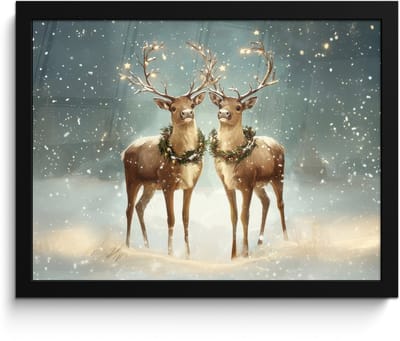Poster in lijst - Fotolijst 40x30 cm - Posters - Kerstmagie - Winterwoud - Rendier - Posterlijst zwart - Decoratie - Wanddecoratie woonkamer - Muurdecoratie slaapkamer - Kerstversiering - Kerstdecoratie voor binnen - Kerstmis