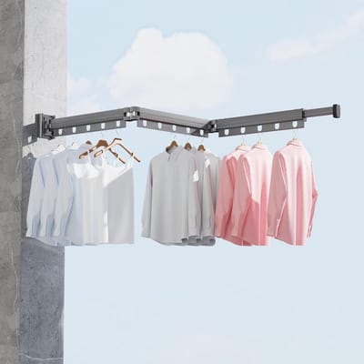 Extra groot droogrek voor kleding - Wanddroogrek - Opvouwbaar - Geen spijkers of lijm - Ruimtebesparend droogrek voor kleding - Telescopisch droogrek voor kleding - Zwart - Drievoudig opvouwbaar + Telescopische paal - Uitschuifbaar tot 126 cm