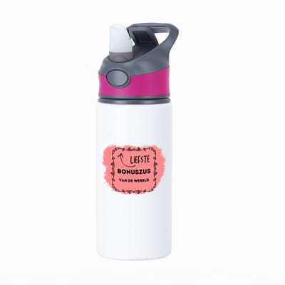 Hacebo® - liefste bonuszus van de wereld waterfles met rietje roze - Zus - de liefste bonuszus - verjaardag - cadeautje voor zus - zus artikelen met opdruk - kado - geschenk - water fles - 650ML