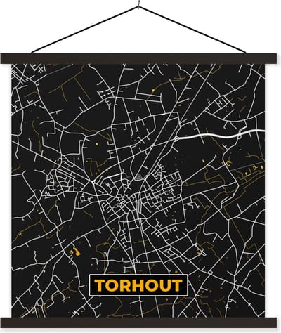 Posterhanger incl. Poster 60x60 cm - Schoolplaat - Stadskaart - Gold - Plattegrond - Torhout - Kaart - Textielposter - Zwarte latten - Stadskaart
