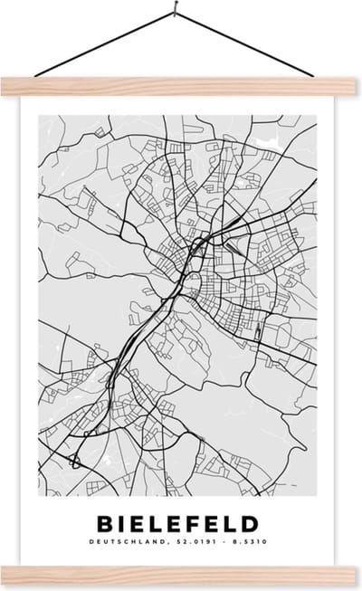 Posterhanger incl. Poster 40x60 cm - Schoolplaat - Duitsland - Plattegrond - Kaart - Bielefeld - Stadskaart - Textielposter - Blanke latten - Stadskaart