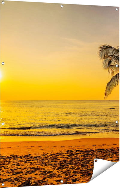 Gards Tuinposter Tropisch Strand tijdens Zonsondergang - 90x120 cm - Tuindoek - Tuindecoratie - Wanddecoratie buiten - Tuinschilderij