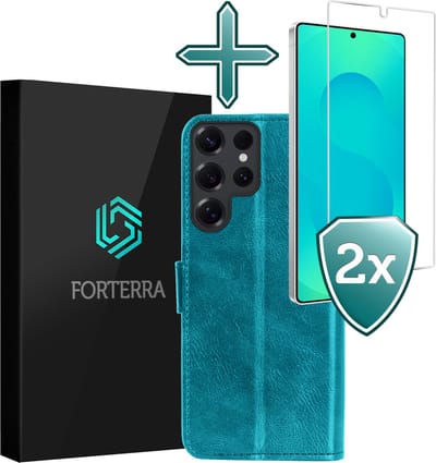 Hoesje Met 2x Screenprotector - Geschikt voor Samsung Galaxy S25 Ultra - Luxe Pasjeshouder - Flip Case - Bookcase Portemonee - Kunstleer Book Case - Flipcase Hoes - Book Cover - Walletcase - Portemonneehoes - Turquoise