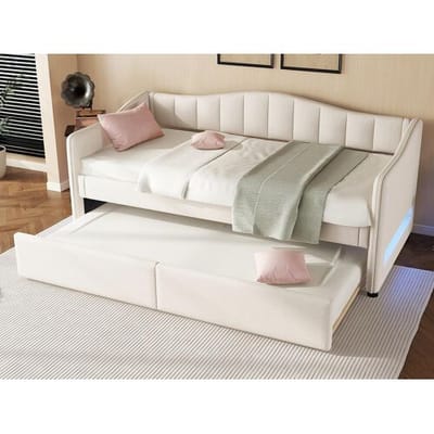 ModernLuxe 90x200cm bedbank met LED + 90x190cm onderschuifbed - bekleed met linnenstof - Beige (matras niet inbegrepen)