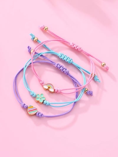 Bixorp Friends Vriendschapsarmbandjes voor 3 met Bloem, Regenboog & Hartje - Roze | Gele | Blauwe Bandjes - BFF Armband