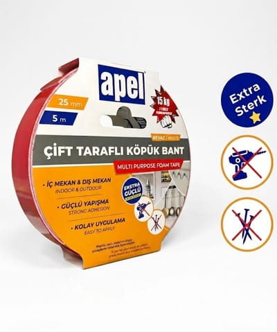 Apel Dubbelzijdig Tape – Schuimtape 25 mm x 5 m – Wit – Extra Sterke Montageband – Zelfklevend Plakband – Sterke en Duurzame Hechting – Snelle en Betrouwbare Montage – Dubbelzijdige Tape