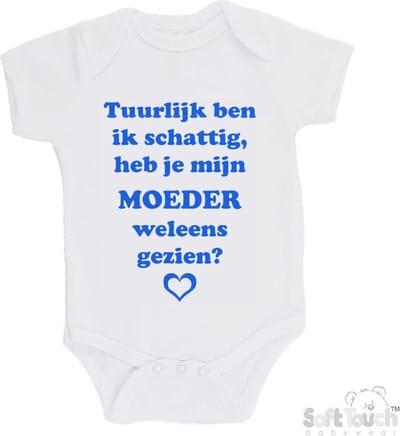 100% katoenen Romper "Tuurlijk ben ik schattig, heb je mijn moeder weleens gezien?" Jongens Katoen Wit/blauw Maat 56/62