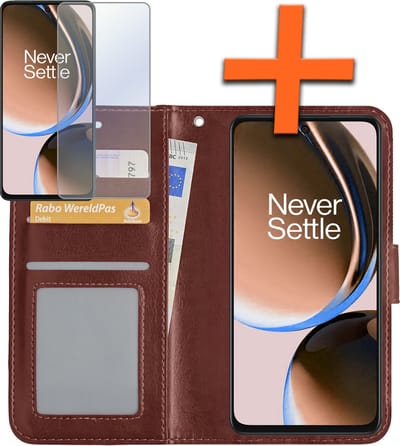 Hoes - Met Screenprotector - Geschikt voor OnePlus Nord CE 3 Lite - Luxe Pasjeshouder - Bookcase Portemonee - Flip Case - Kunstleer Book Case - Flipcase - Book Cover - Walletcase - PortemonneeHoes - Bruin