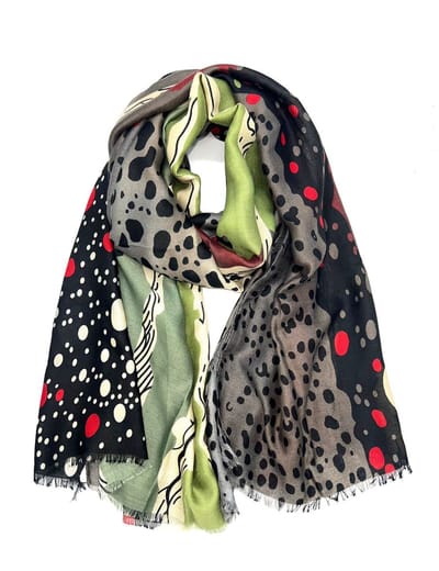 Lange dames sjaal Venla-fantasiemotief-zwart grijs beige rood groen bordeauxrood