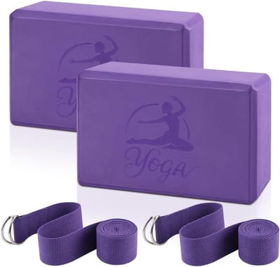 Thijox - Set van 2 Yogablokken en 2 Yogabanden - Antislip EVA-schuim Yoga Accessoires - Hoge Dichtheid Yogablokken in Lila - Ondersteunend voor Pilate