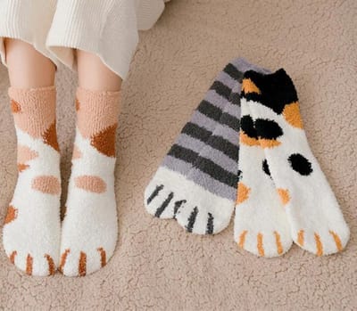 Fluffy sokken dames - 3 paar - huissokken - warme sokken - zwart - grijs - bruin - wit - leuke print kat - gestreept / gestipt - 36-40 - cadeau - voor haar
