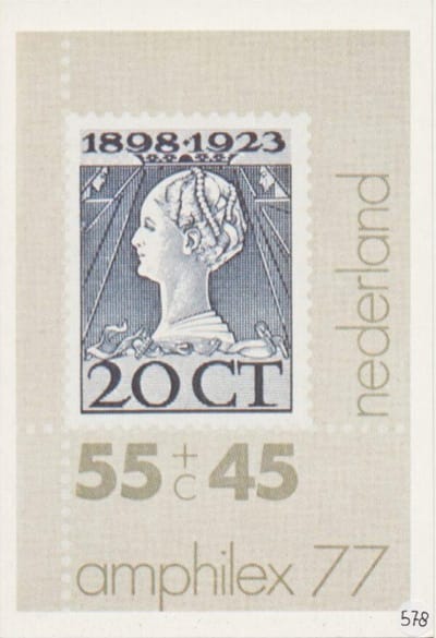Briefkaart met afbeelding Verkleinde reproductie van zegels met beeltenis H.M. Koningin Wilhelmina postzegel