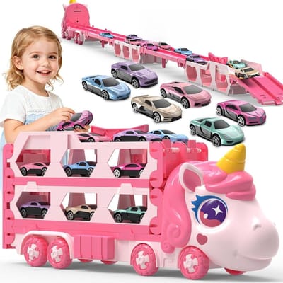 Transport Vrachtwagen Speelgoed - Racebaan Truck Meisjes - Eindeloos Speelplezier - Opvouwbaar Met Opbergruimte - 170 cm Baan - Roze