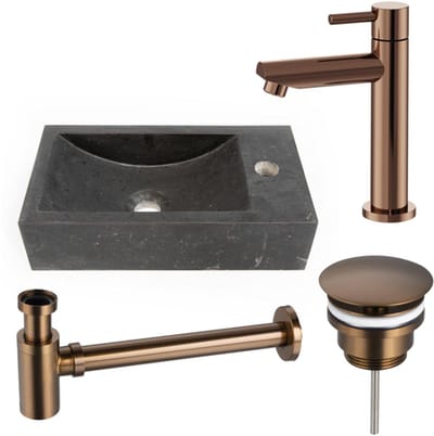 FugaFlow Eccelente Pietra fonteinset - 40x22cm - 1 kraangat - rechts - natuursteen - fonteinkraan Geborsteld koper PVD (Koper) - donker