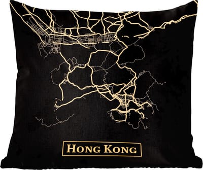 Sierkussens - Kussentjes Woonkamer - 60x60 cm - Kaart - Hong Kong - China - Goud - Zwart