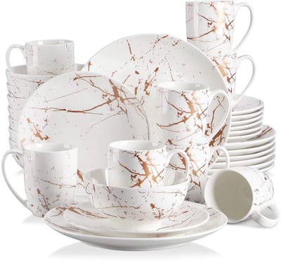 Luxe Serviesset – 32 delig – 8 persoons – Porselein - Bordenset – Dinner platen – Dessertborden - Kommen - Mokken - Wit + Goud