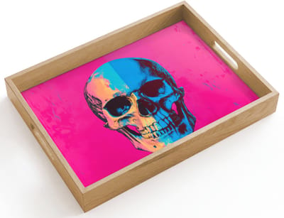 Dienblad hout 40x30 cm - Schootdienblad - Neon - Blauw - Pop-art - Schedel - Borrelplank rechthoek - Plateau dienbladen