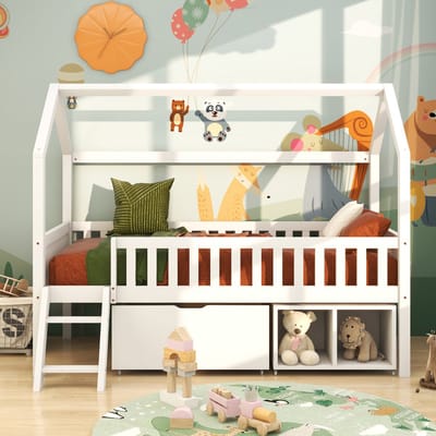 Kinderbed Tienerbed 90x200 cm met lades en opbergvak met anti-val leuning - wit