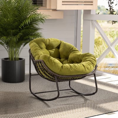 Wishdor Rieten schommelstoel - Oversized rocker - Ergonomische kuipvorm - Modern - Woonkamer - Kunstmatig rotan en staal - Olijfgroen - 78 x 106 x 90 cm