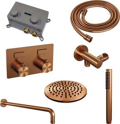 Brauer Copper Edition thermostatische inbouw regendouche met drukknoppen SET 51 met 20 cm douchekop en gebogen muurarm en staaf handdouche en doucheslang en wandaansluitbocht koper geborsteld PVD