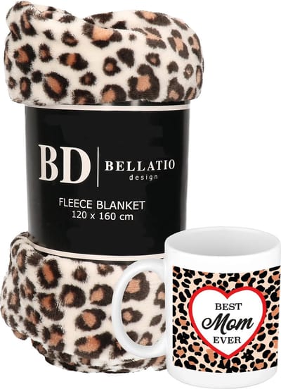 Cadeau moeder set - Fleece plaid/deken luipaard print met Best mom ever mok - Mama ontspanning cadeau kerst, moederdag, verjaardag