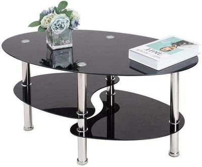 Ovale Salontafel - Woonkamertafel Bijzettafel - Opbergen en Decoreren - Dubbele Glazen Planken - 90 x 50 x 43 cm