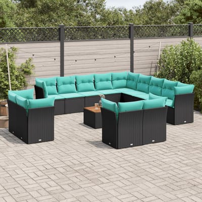 vidaXL - 14-delige - Loungeset - met - kussens - poly - rattan - zwart