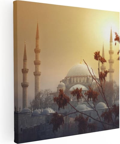 Artaza Canvas Schilderij Islamitische Wanddecoratie - 30x30 cm - Klein - Muurdecoratie Moskee - Schilderijen Op Canvas Skyline - Zonsondergang