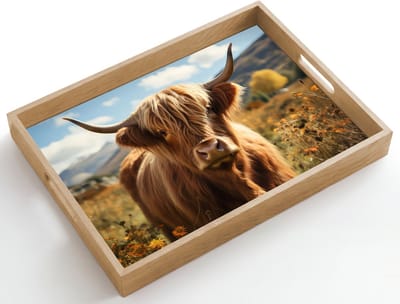 Dienblad hout 50x35 cm - Schootdienblad - Schotse hooglander - Bloemen - Hoorns - Wolken - Borrelplank rechthoek - Plateau dienbladen