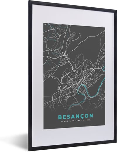 Fotolijst incl. Poster - Kaart - Plattegrond - Stadskaart - Besançon - Frankrijk - 40x60 cm - Posterlijst