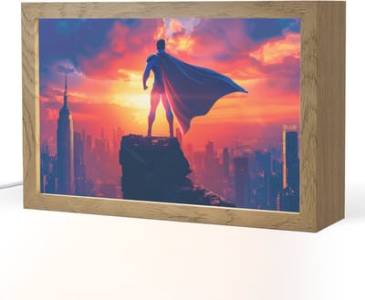 Nachtlampje 30x20 cm - Kinder lampje - Superheld - Stad - Jongens - Kleurrijk - Zon - Tafellamp kinderkamer - Slaapkamer lamp - Bedlamp kinderen - Kinderlampje stopcontact - Wandlamp babykamer - Nachtlampjes