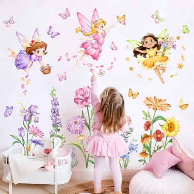 Bloemenfee Muurstickers met Vlinders en Zonnebloemen - Wanddecoratie voor Meisjes, Babykamer en Kinderkamer