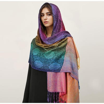 Couleurs Arc-en-Ciel Hiver Chaud Épais Style Ethnique Écharpe Jacquard Femmes Voyage Musulman Hijab Cachemire Pompon Châle Wrap Pashmina 70x190cm gray