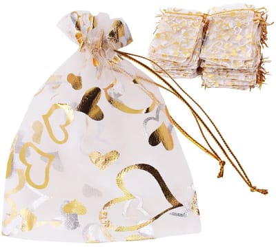 Dailygoods- Organza Zakjes 100 Stuks - Hartjesmotief - 9 x 12 cm - Trekkoord - Duurzaam - Geschenken Verpakken - Geschenktas