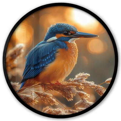 Poster in lijst Rond - Fotolijst 40x40 cm - Posters - IJsvogel - Herfst - Vogels - Zon - Natuur - Herfsttakken - Ronde posterlijst zwart - Decoratie - Wanddecoratie woonkamer - Muurdecoratie slaapkamer