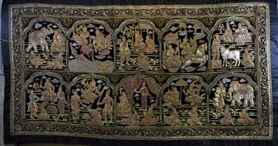 ZoeZo Design - wandkleed - wanddoek - groot - Burma - Myanmar - handgemaakt - Oosters wandkleed - goud - kraaltjes - met insteekzoom - 220 x 115 cm