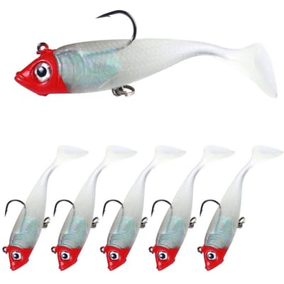 5PCS Leurres de Pêche Lumineux 18.5g 10cm Swimbaits Souples avec Queue à Palette 2 Hameçons pour Bar Truite Eau Douce Eau Salée white